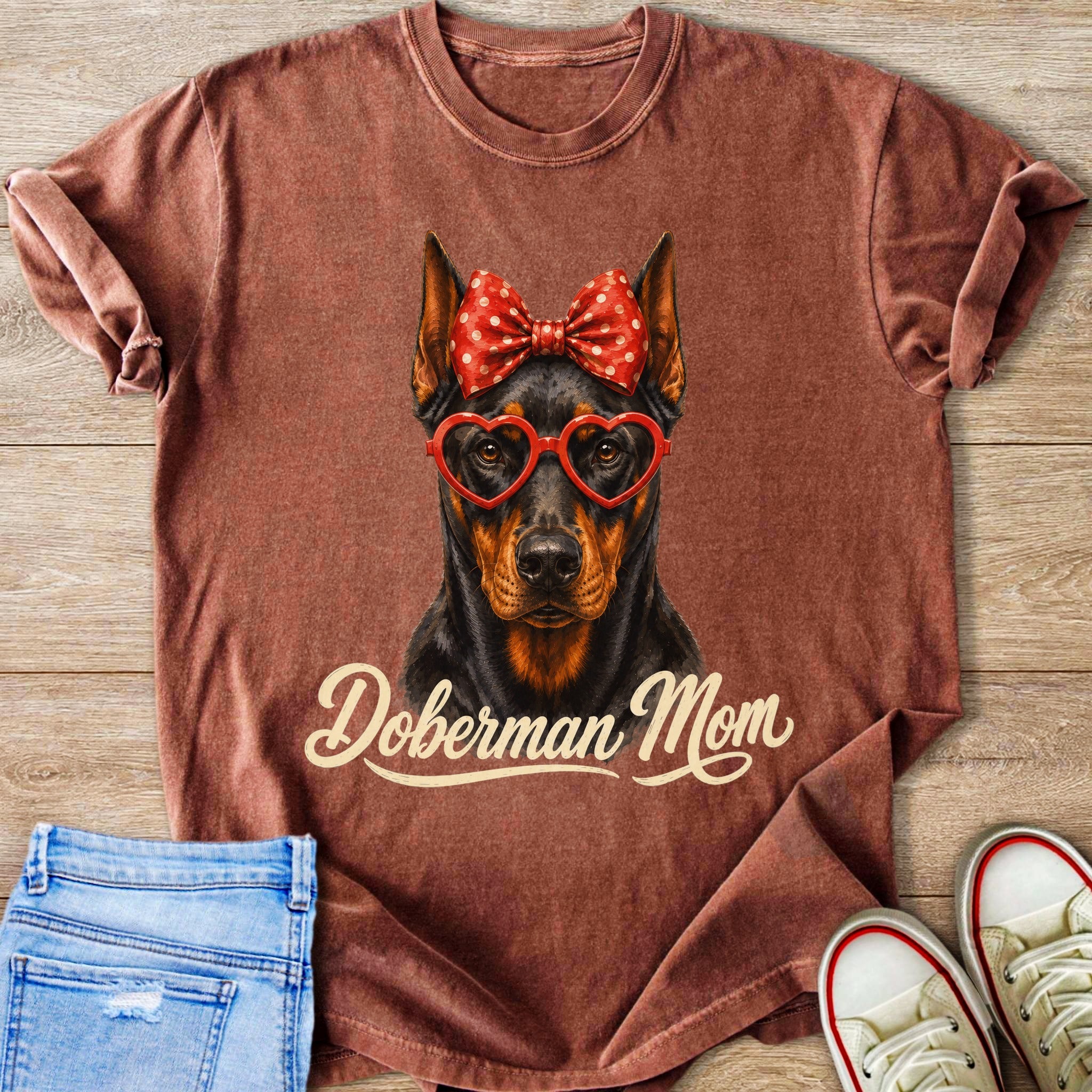 Brown t-shirt with Doberman wearing heart glasses and a red polka dot bow.