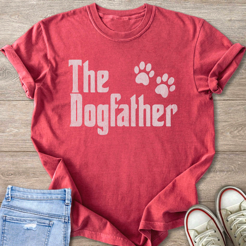 Red t-shirt with "The Dogfather" and paw prints graphic.