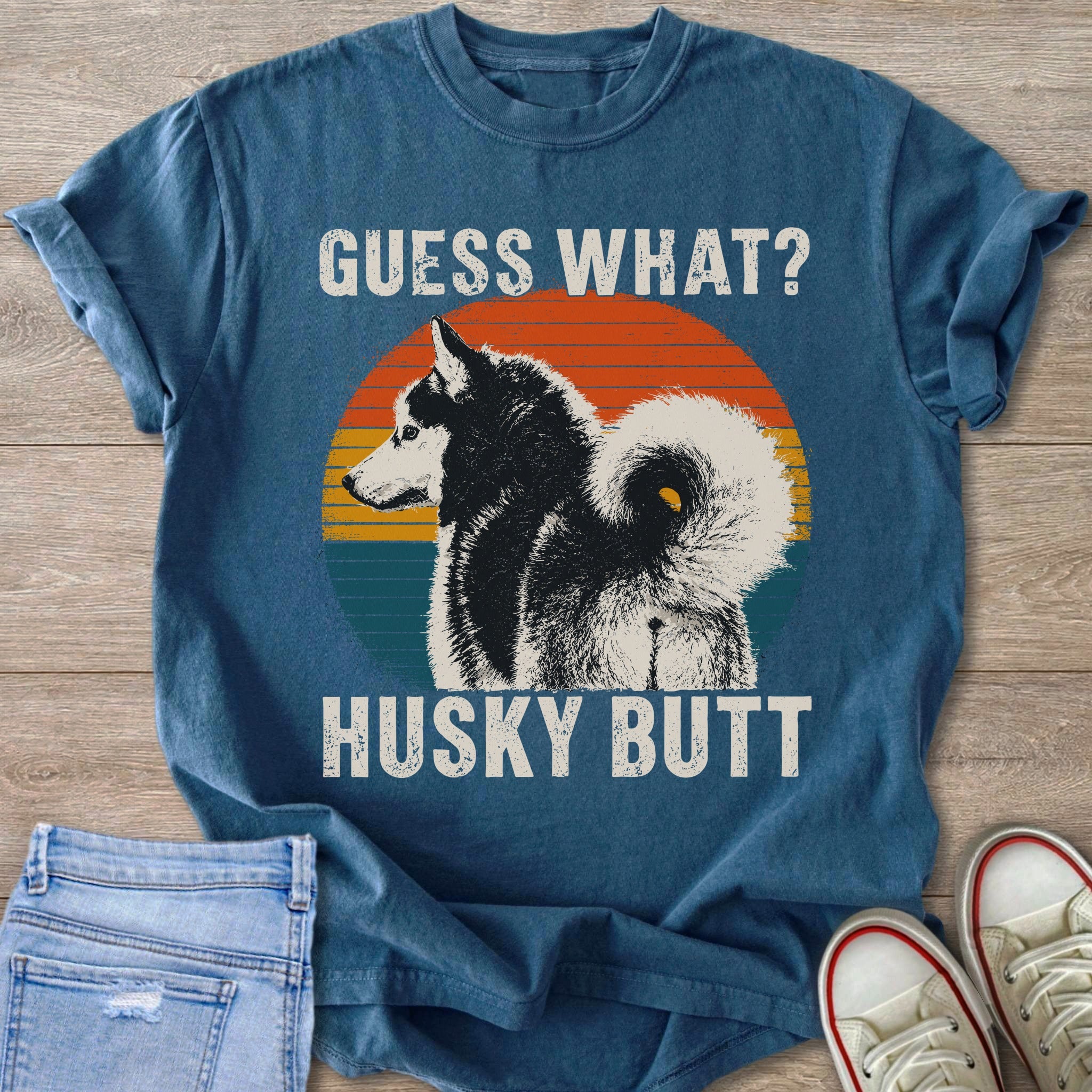 Blue t-shirt with "Guess What? Husky Butt" text and a husky dog illustration.