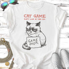Grumpy cat illustration with "Cat Game, Don't Look at the Cat" text.