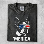 Black t-shirt with Boston Terrier wearing American flag sunglasses and "MERICA" text.