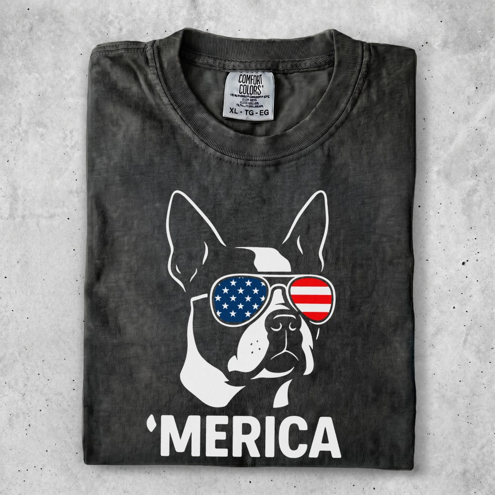 Black t-shirt with Boston Terrier wearing American flag sunglasses and "MERICA" text.