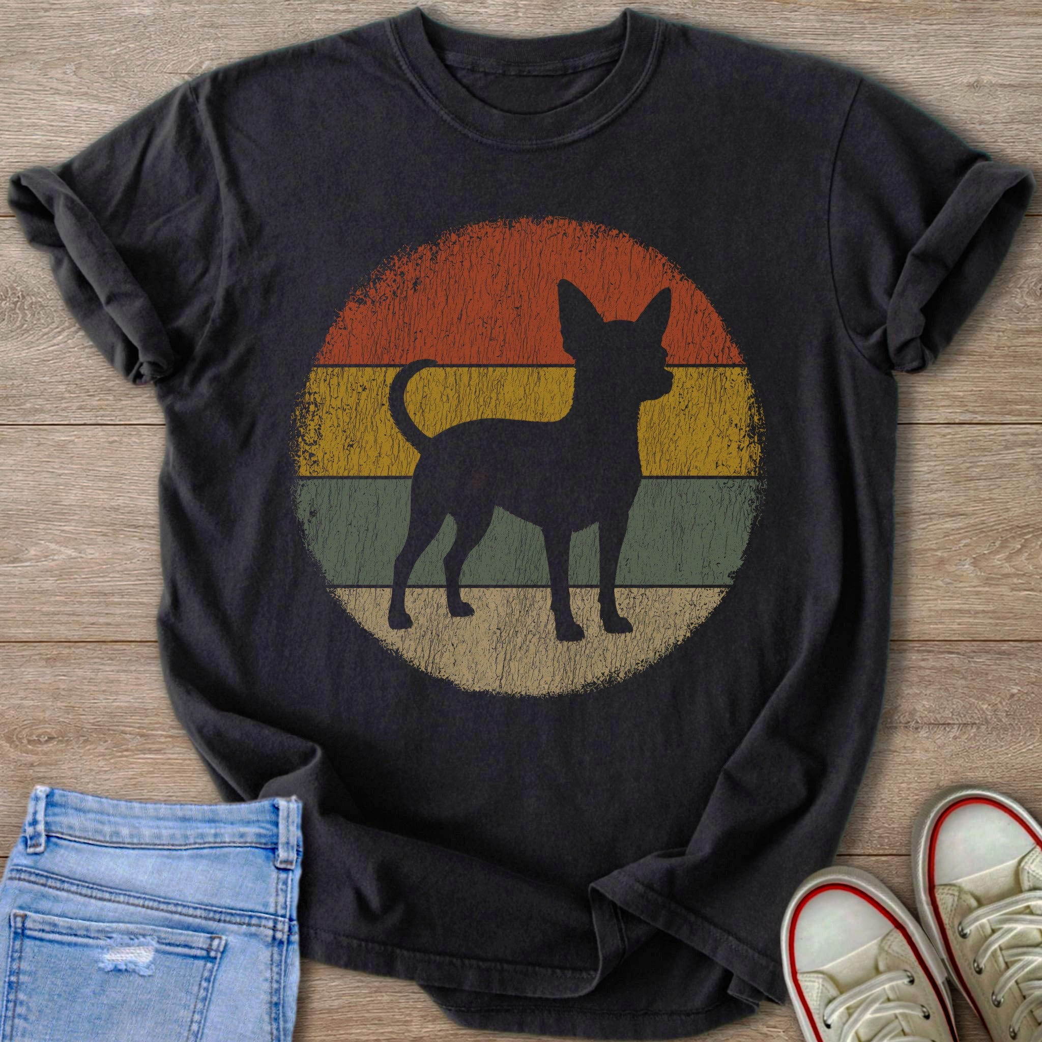 Black t-shirt with a distressed circle featuring a chihuahua silhouette.