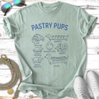 Pastry Pups t-shirt design with cartoon pastries and bread types.