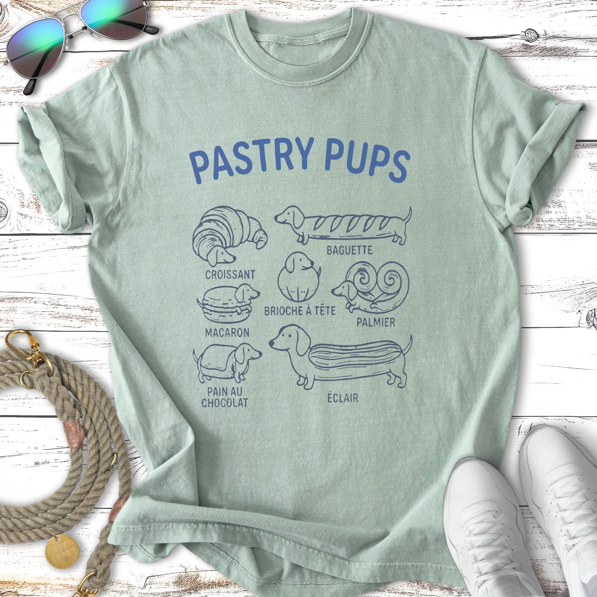 Pastry Pups t-shirt design with cartoon pastries and bread types.