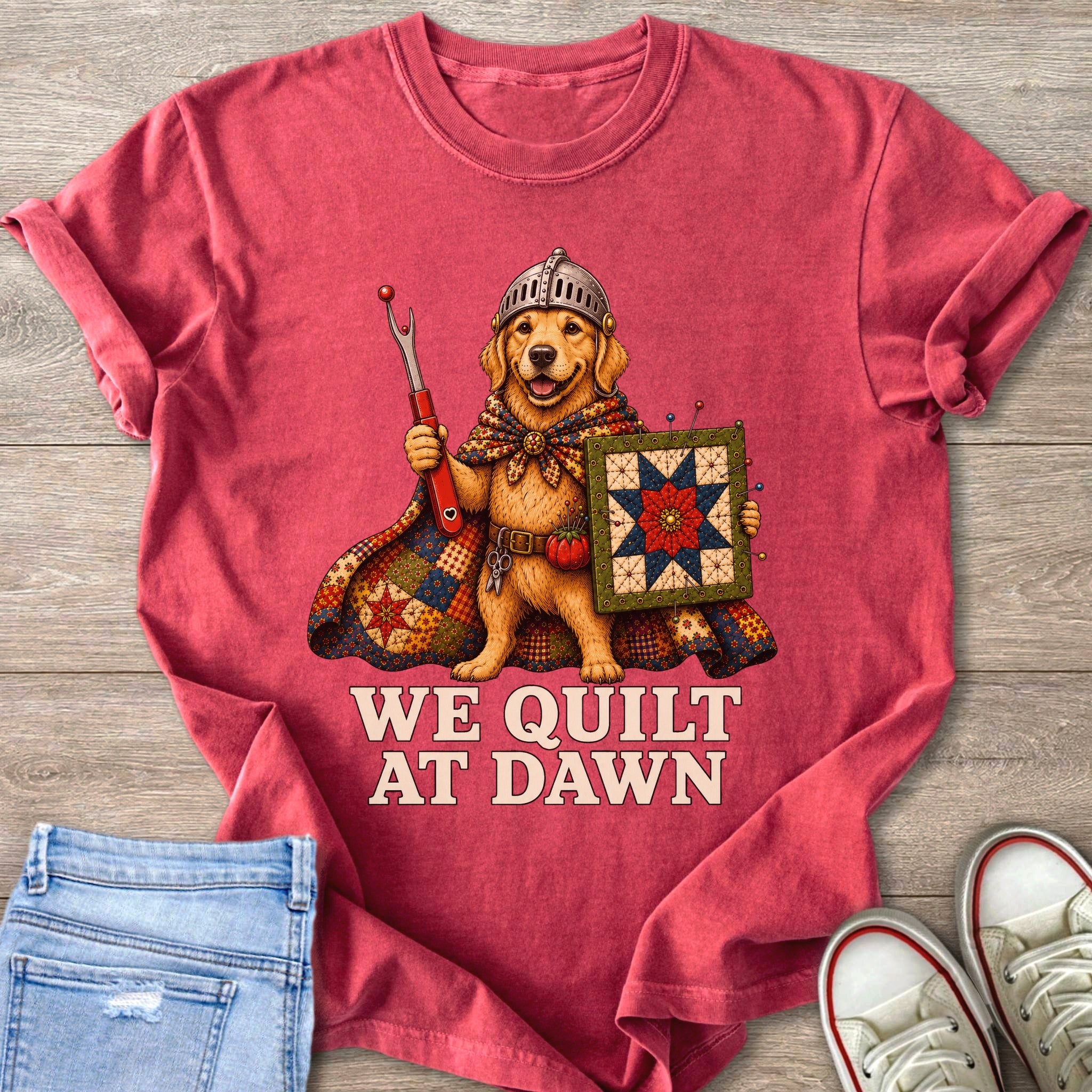 Golden Retriever in knight armor holding a seam ripper and a quilt.