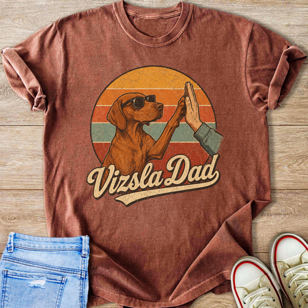 Vizsla dog wearing sunglasses gives a high-five with text "Vizsla Dad".