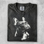 Black t-shirt with white French bulldog sketch, size XL.