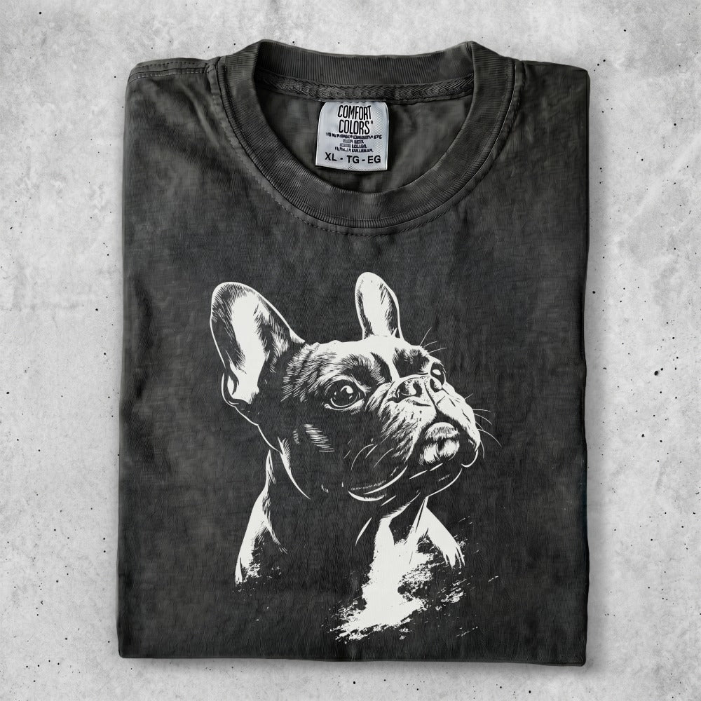 Black t-shirt with white French bulldog sketch, size XL.