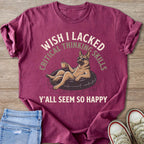 German Shepherd in inner tube with sunglasses, holding coffee cup, text reads "Wish I lacked critical thinking skills, Y'all seem so happy".