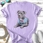 Lavender t-shirt featuring a blue pit bull wearing an "I ❤️ Mom" shirt.