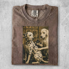 T-shirt with vintage print of a Dalmatian getting a tattoo from a Labrador.