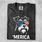 Black t-shirt with white dog wearing American flag sunglasses and "Merica" text.