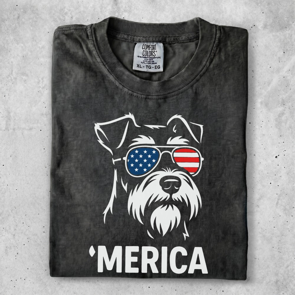 Black t-shirt with white dog wearing American flag sunglasses and "Merica" text.