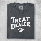 Gray t-shirt with "Treat Dealer" and paw print graphic.