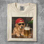 Golden retriever in sunglasses and red cap being poured a beer.