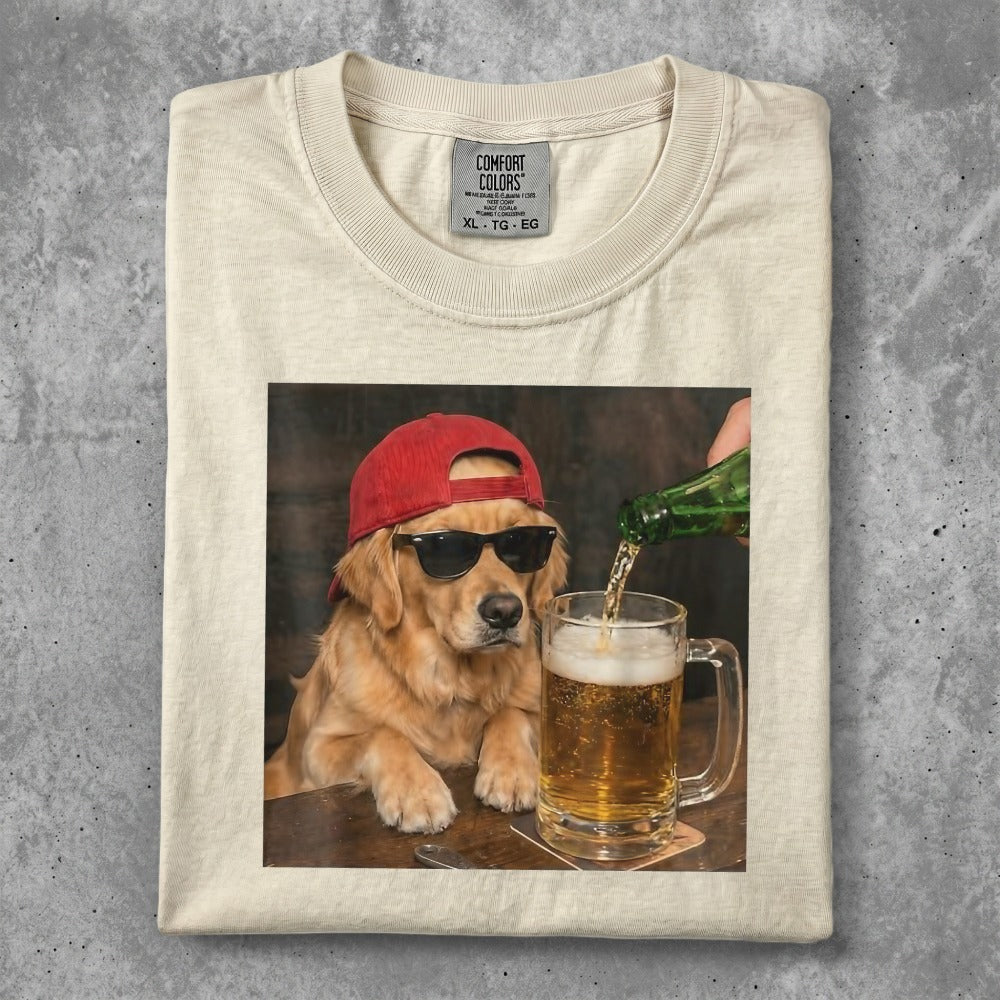 Golden retriever in sunglasses and red cap being poured a beer.
