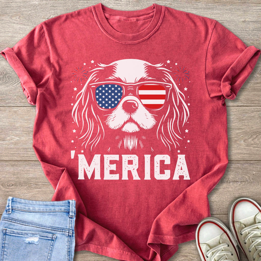 Red t-shirt with dog wearing American flag sunglasses and text 'MERICA