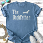 Blue t-shirt with "The DachFather" and a dachshund silhouette.