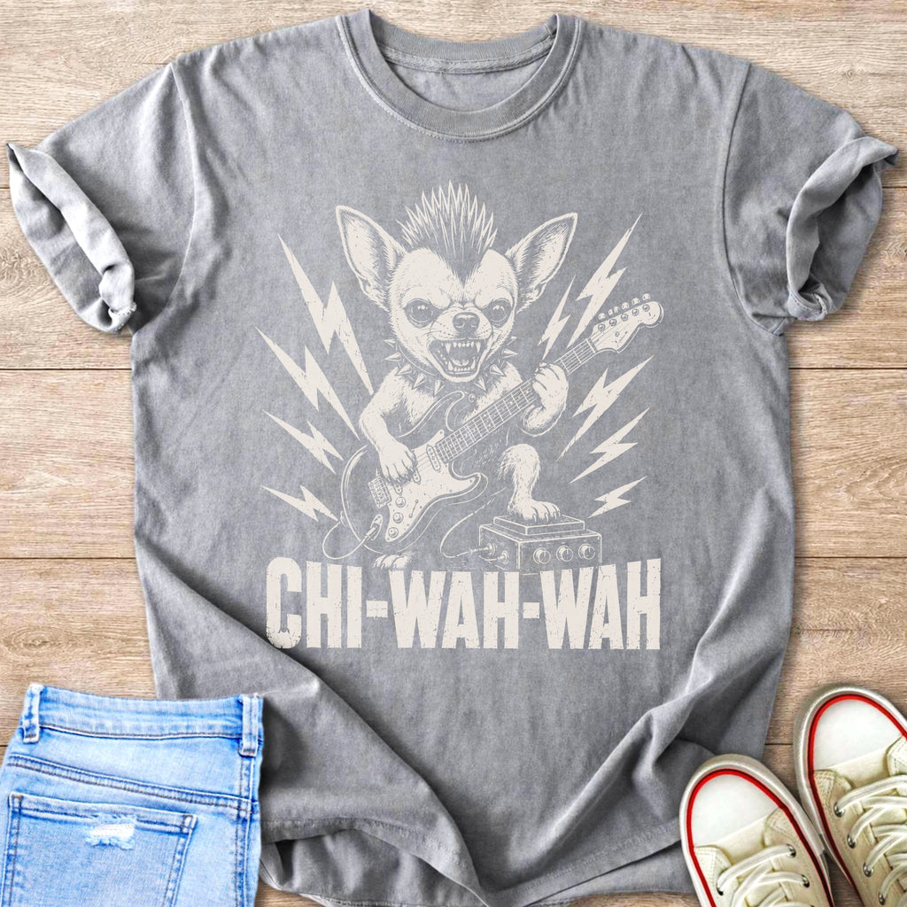 T-shirt with a chihuahua playing a guitar and the text CHI-WAH-WAH.