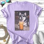 Husky wearing sunglasses drinks iced coffee with a straw.