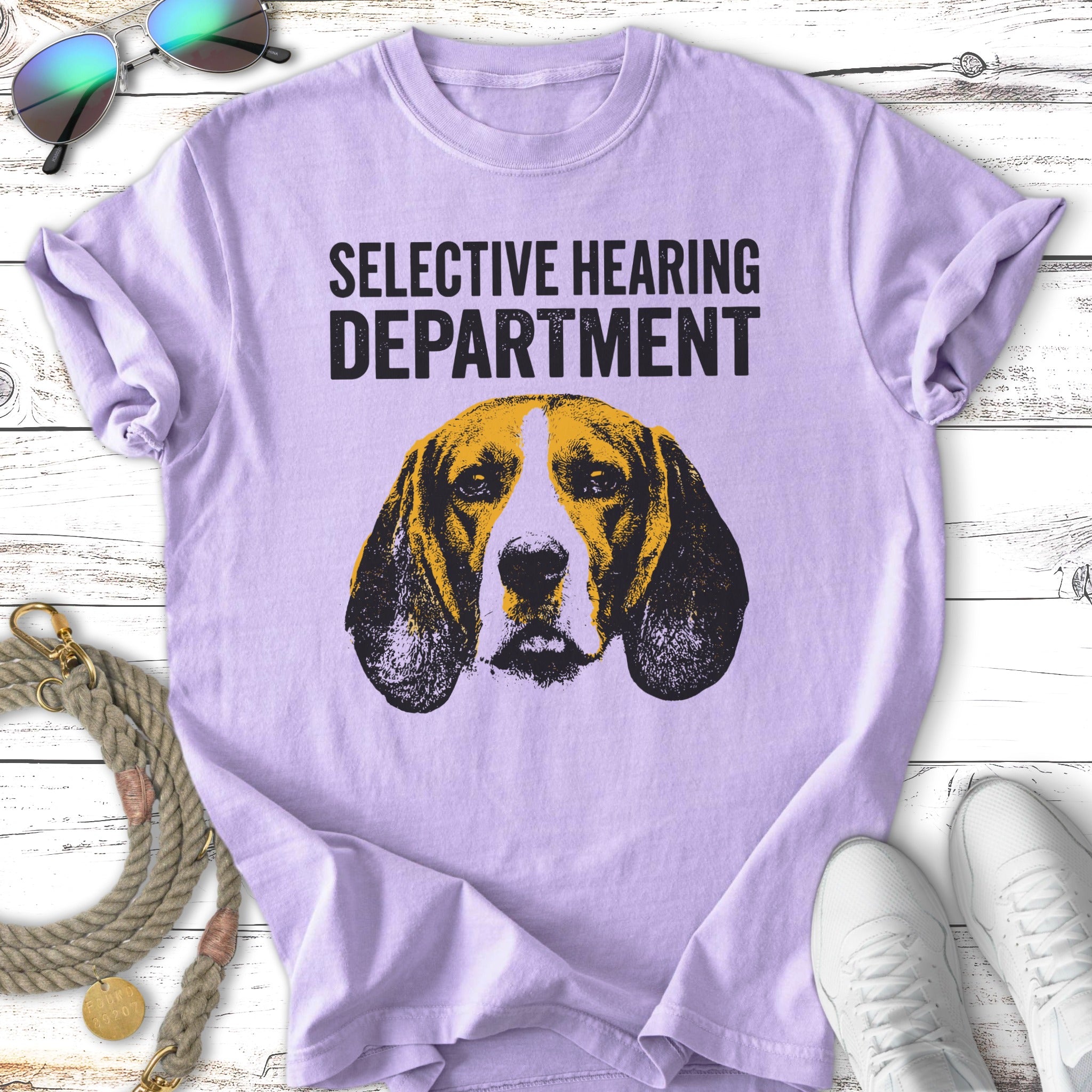 Purple t-shirt with a beagle dog's face and "SELECTIVE HEARING DEPARTMENT" text.